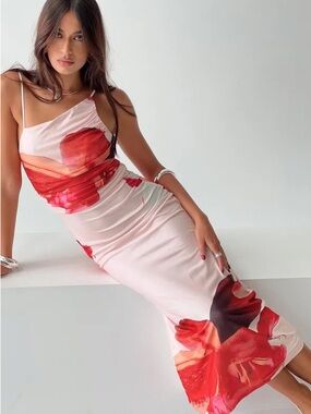 Princess Polly Pink Floral Ruched Maxi Dress – Size 0 (New Without Tags)